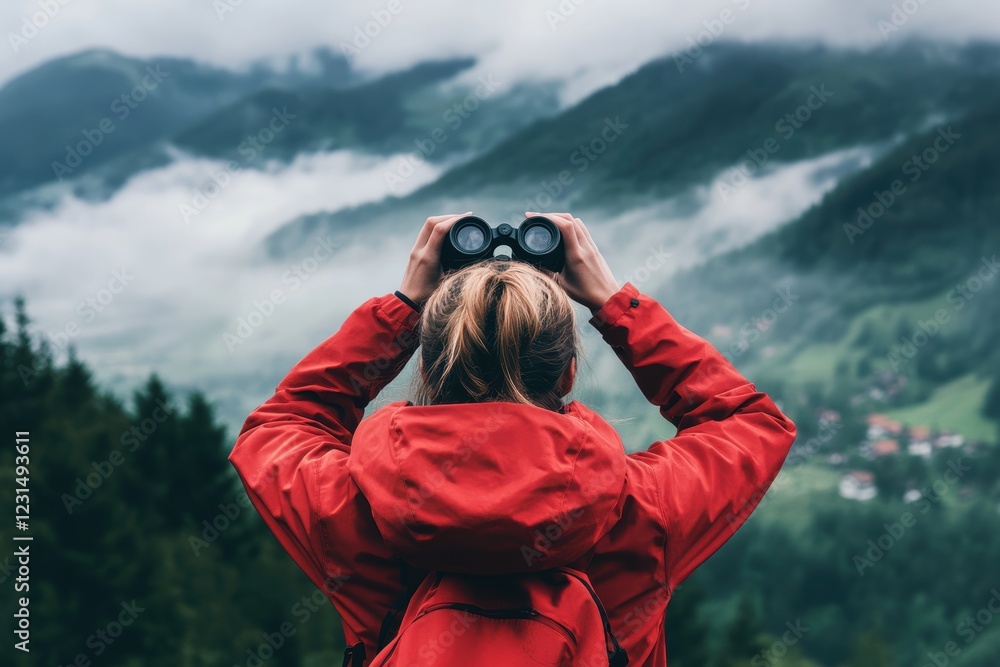 Person with binoculars exploring a scenic mountain landscape, enjoying nature and adventure during outdoor hiking trip, capturing beautiful wilderness views. Person with binoculars exploring a scenic mountain landscape, enjoying nature and adventure during outdoor hiking trip, capturing beautiful wilderness views.