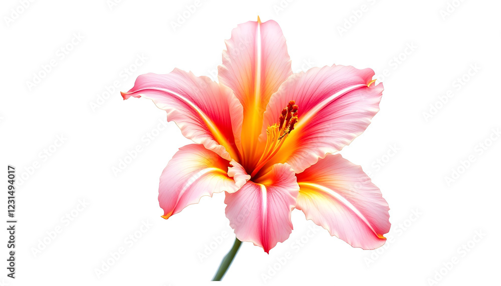 Naklejka premium Botanical illustration of a stunning pink and orange flower with smooth, curved petals. The digital artwork captures the subtle color transitions and fine veins of each petal, creating a soft yet vibr