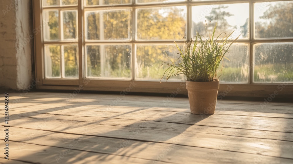 Sunlit plant in pot on rustic wooden windowsill. Sunlit plant in pot on rustic wooden windowsill.