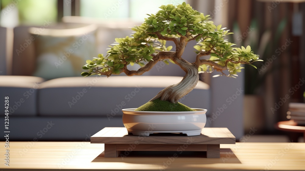 3D Animation Bonsai Tree Potted Plant in Modern Living Room with minimalistic furniture and natural lighting 3D Animation Bonsai Tree Potted Plant in Modern Living Room with minimalistic furniture and natural lighting