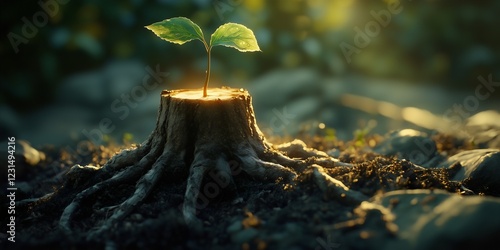 A new plant growing out of an old tree stump