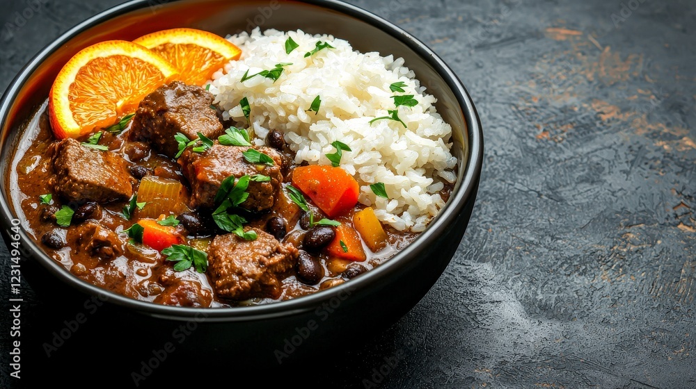 Delicious and Flavorful Stew with Juicy Meat, Fresh Vegetables, and Rice Garnished with Orange Slices