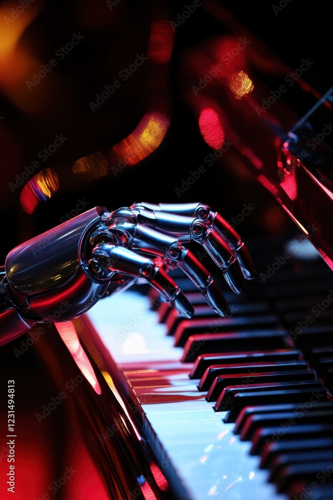 Fototapeta premium Robot hand playing piano with colorful lights in background, showcasing the fusion of technology and music. Innovation in artificial intelligence and creativity.