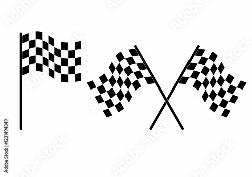 Race flag icon set featuring checkered, plain, and crossed flags. Ideal for motorsport designs, racing events, banners, logos, and digital or print projects
