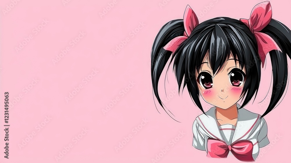 Anime girl, pink background, school uniform, cheerful expression, social media Anime girl, pink background, school uniform, cheerful expression, social media