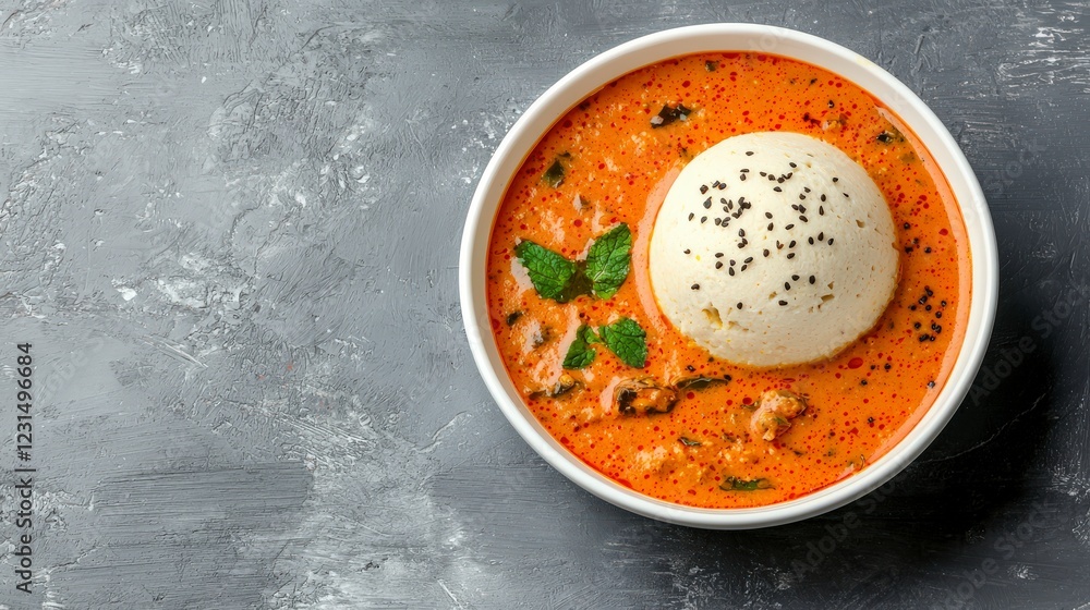Rich Tomato Curry with Fluffy Rice and Fresh Herbs Garnish in a Bowl on a Dark Textured Background Rich Tomato Curry with Fluffy Rice and Fresh Herbs Garnish in a Bowl on a Dark Textured Background