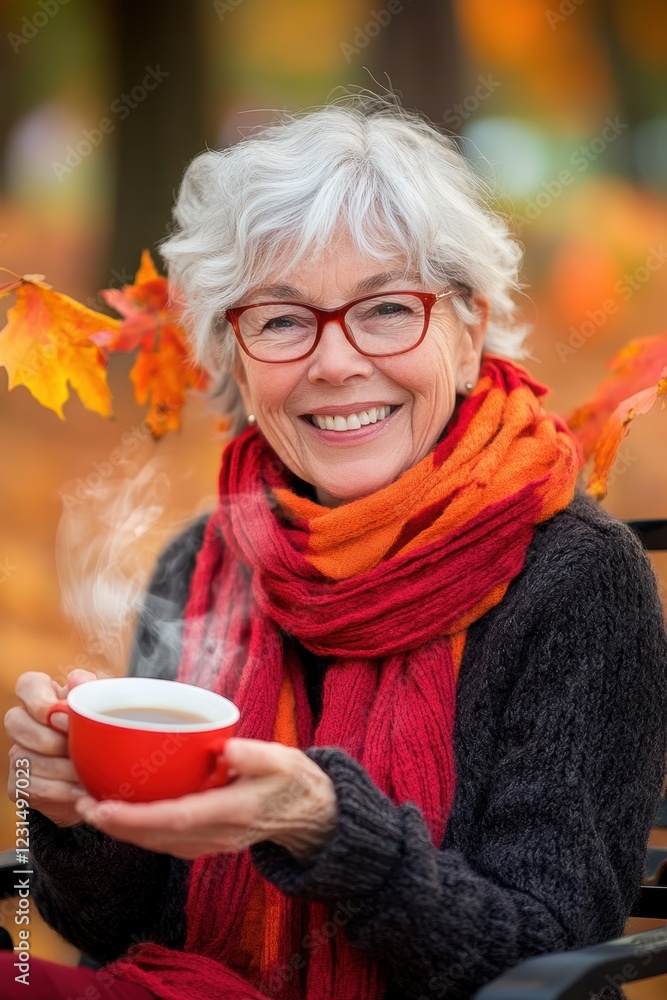 Smiling woman holding a red cup of coffee in a fall park surrounded by colorful autumn leaves, enjoying a cozy afternoon with warm clothing. Smiling woman holding a red cup of coffee in a fall park surrounded by colorful autumn leaves, enjoying a cozy afternoon with warm clothing.