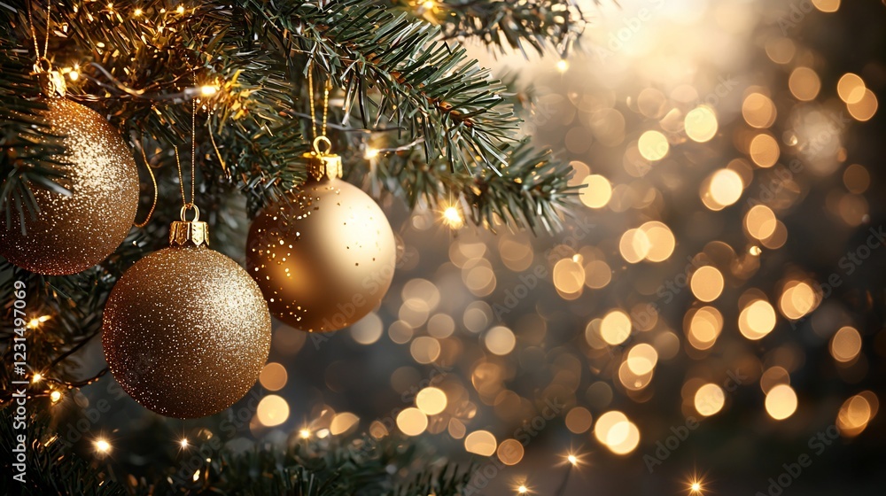 Gold Christmas ornaments on a tree branch with lights. Gold Christmas ornaments on a tree branch with lights.