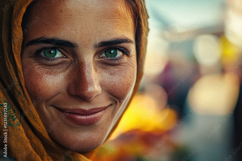 Smiling woman wearing a headscarf in a market setting, showcasing vibrant colors and a friendly atmosphere, highlighting cultural diversity and community engagement. Smiling woman wearing a headscarf in a market setting, showcasing vibrant colors and a friendly atmosphere, highlighting cultural diversity and community engagement.