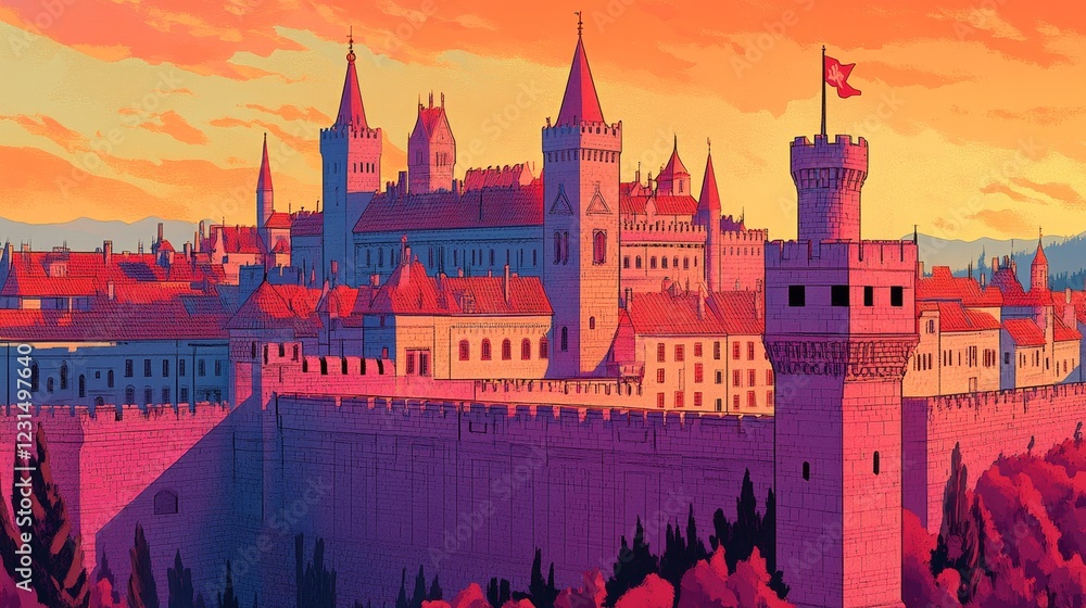 A majestic medieval city at sunset, with fortified walls and towers A majestic medieval city at sunset, with fortified walls and towers