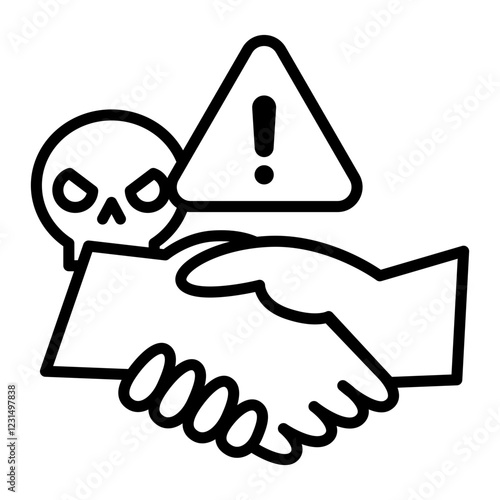 Icon of a risky deal. There is a danger symbol and a skeleton around the handshake.