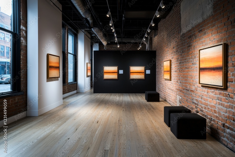 Fototapeta premium Contemporary Art Gallery Interior Featuring Minimalist Paintings and Urban Architecture with Warm Lighting