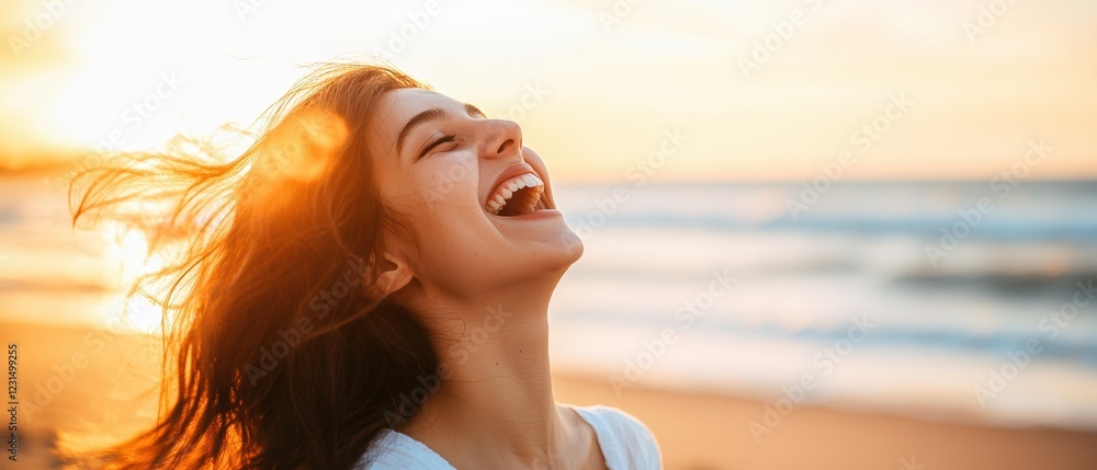 Woman laughing joyfully by the beach during sunset, symbolizing happiness, freedom, and positive emotions in nature. Bright sky and ocean waves create serenity. Woman laughing joyfully by the beach during sunset, symbolizing happiness, freedom, and positive emotions in nature. Bright sky and ocean waves create serenity.