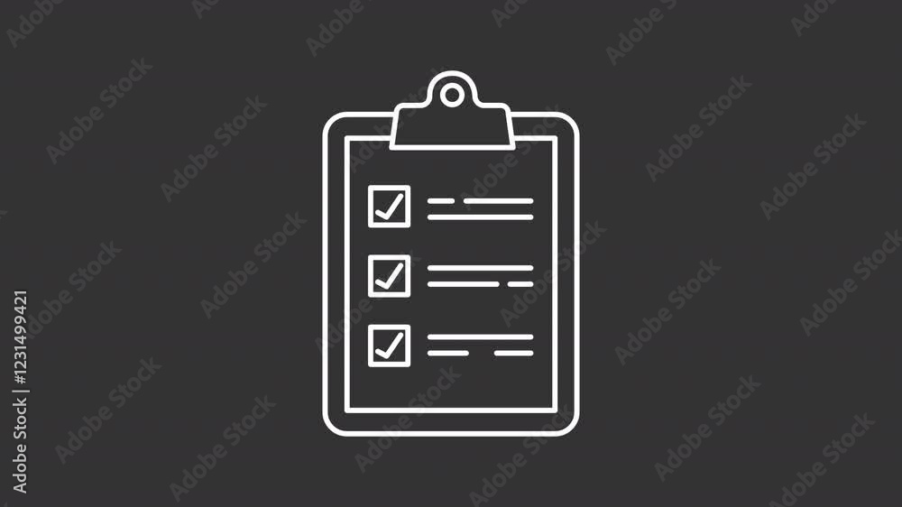 Task list checkmarks white line animation. Compliance clipboard animated icon. Lines showing up. Regulation, control. Isolated illustration on dark background. Transition alpha video. Motion graphic Task list checkmarks white line animation. Compliance clipboard animated icon. Lines showing up. Regulation, control. Isolated illustration on dark background. Transition alpha video. Motion graphic