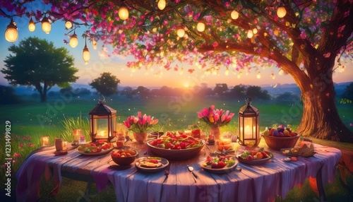 Elegant Ramadan Kareem Background with Lanterns, Crescent Moon, and Floral Patterns in Gold and Blue