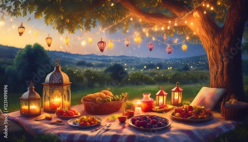 Elegant Ramadan Kareem Background with Lanterns, Crescent Moon, and Floral Patterns in Gold and Blue
