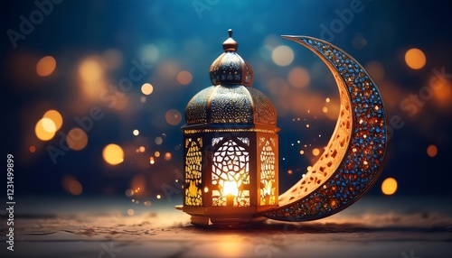 Elegant Ramadan Kareem Background with Lanterns, Crescent Moon, and Floral Patterns in Gold and Blue