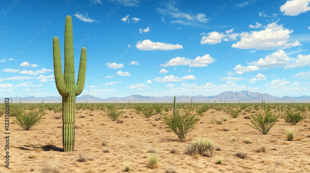 Majestic Saguaro Cactus Dominating the Sonoran Desert Landscape under a Bright Blue Sky Majestic Saguaro Cactus Dominating the Sonoran Desert Landscape under a Bright Blue Sky