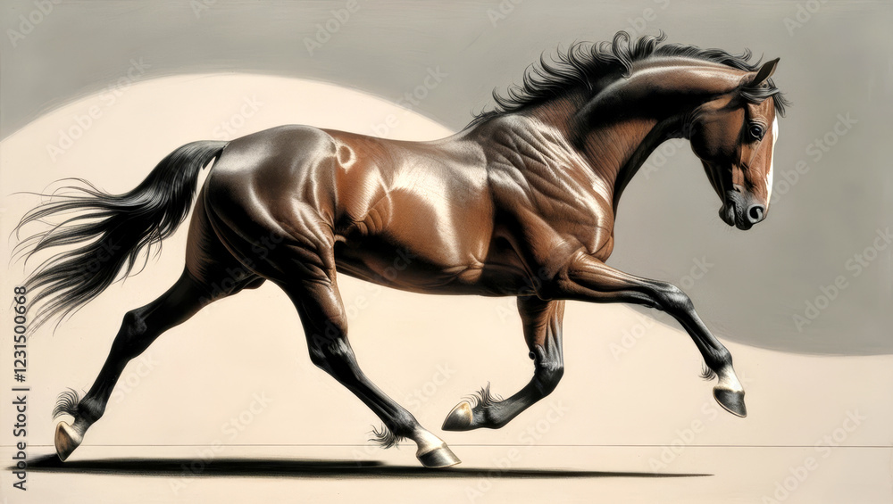 Dynamic Equine Portrait: A Powerful Black Stallion in Motion, Captured in a Contemporary Artistic Style Against a Neutral Background, Emphasizing Its Muscular Form and Graceful Movement. Horse. 2 Dynamic Equine Portrait: A Powerful Black Stallion in Motion, Captured in a Contemporary Artistic Style Against a Neutral Background, Emphasizing Its Muscular Form and Graceful Movement. Horse. 2