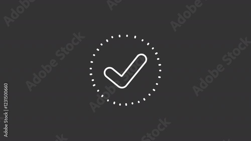 Checkmark white line animation. Approving animated icon. Lines moving out. Check mark showing up. Verification, check. Isolated illustration on dark background. Transition alpha video. Motion graphic