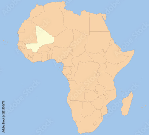 Detailed national location map of MALI within the great continent of Africa