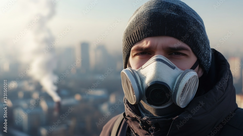 A man in a gas mask stands against a polluted urban landscape, highlighting concerns about air quality and environmental health. A man in a gas mask stands against a polluted urban landscape, highlighting concerns about air quality and environmental health.