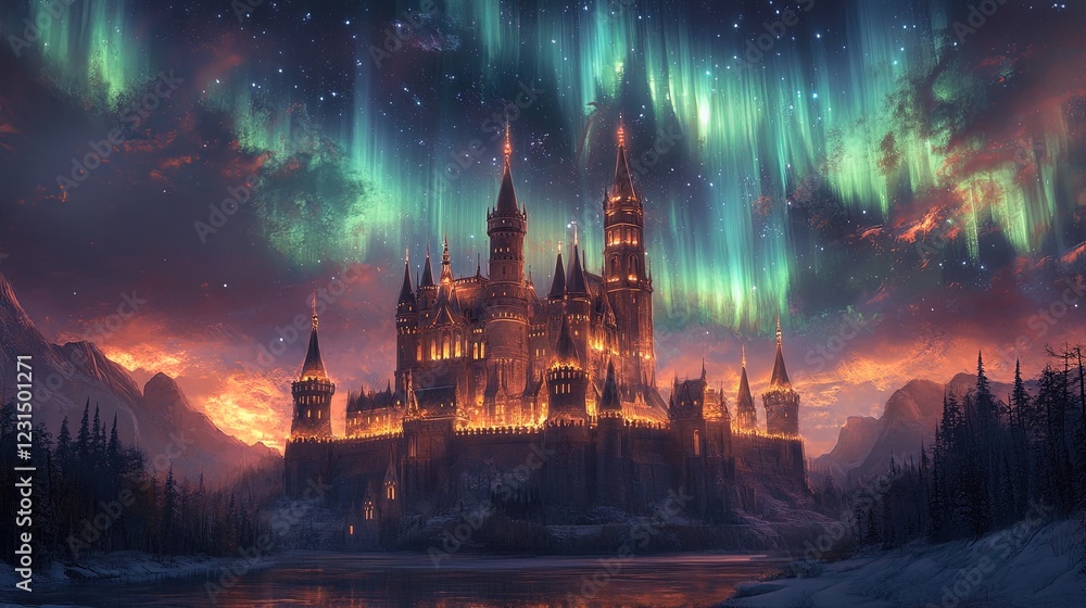 Fototapeta premium A radiant glowing palace with towers that shimmer under a surreal magical aurora