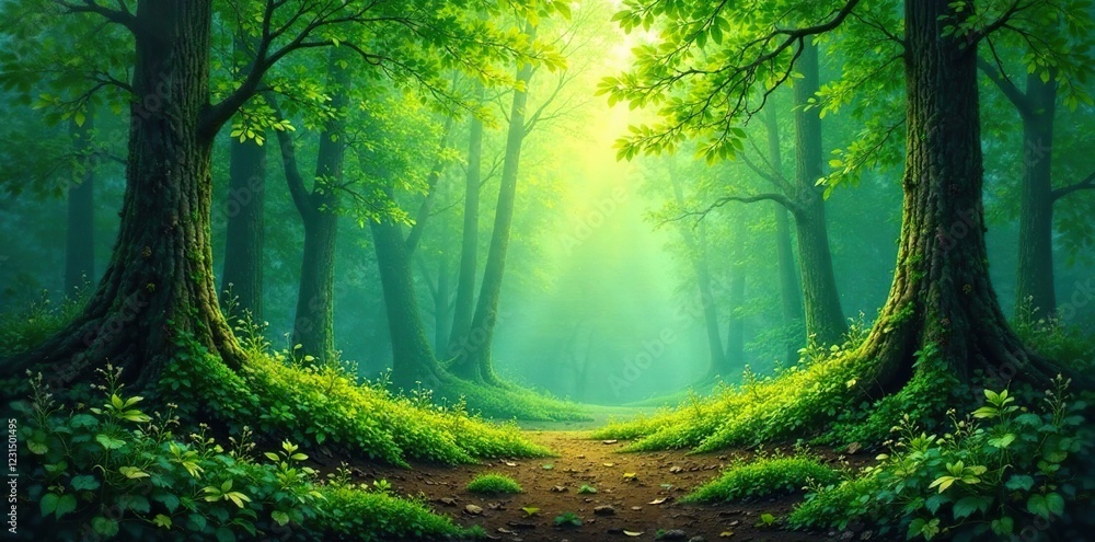 Obraz premium Abstract oil painting of forest floor moss green leaves forest atmosphere, green, forest, atmosphere