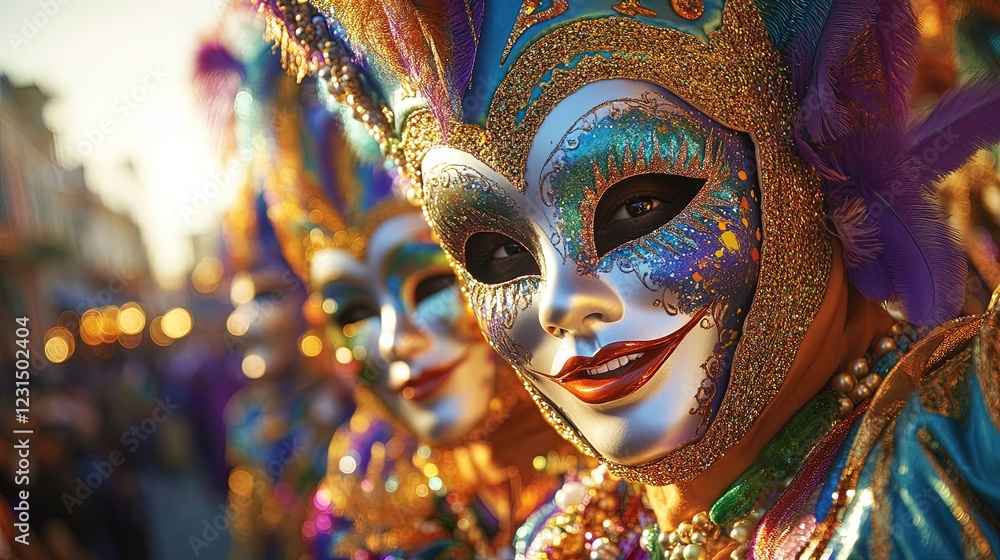 Fototapeta premium Festive Mardi Gras parade with masks, beads, and colorful costumes, lively street celebration 