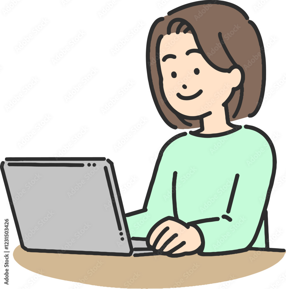 笑顔でパソコンを操作している若い女性のイラスト
笑顔でパソコンを操作している若い女性のイラスト