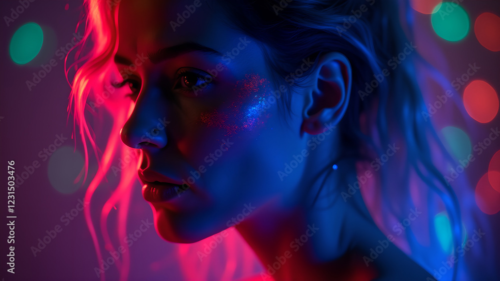 Woman with glitter and neon lights in the dark Woman with glitter and neon lights in the dark