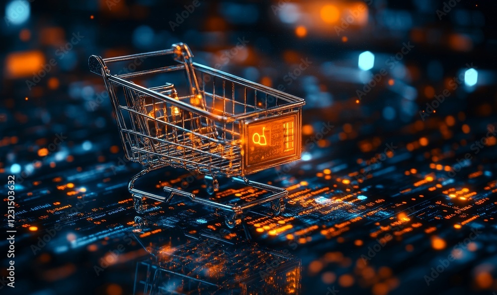 Shopping cart flows smoothly with digital data, marketing ecommerce online shopping concept, Generative AI Shopping cart flows smoothly with digital data, marketing ecommerce online shopping concept, Generative AI