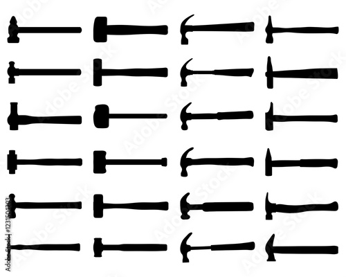 Black silhouettes of hammers on a white background		