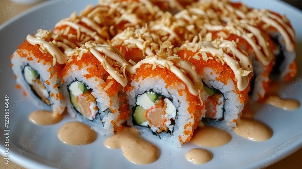 Delicious sushi rolls, restaurant setting, creamy sauce, food photography Delicious sushi rolls, restaurant setting, creamy sauce, food photography