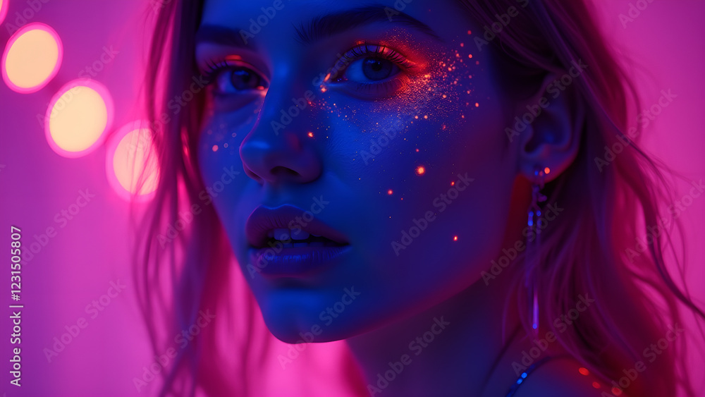 Neon girl with makeup and lights with bokeh effect Neon girl with makeup and lights with bokeh effect
