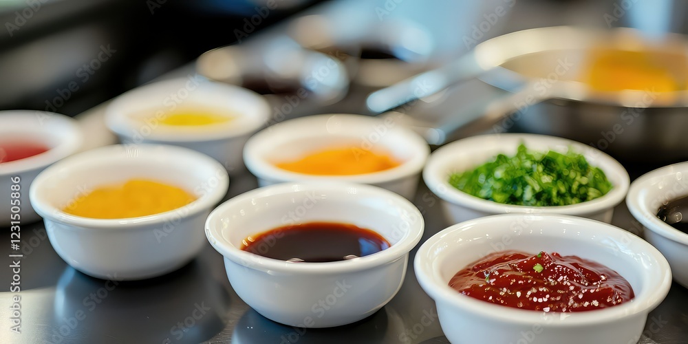 A food preparation scene showcasing sauces or mixes with uniform consistency. A food preparation scene showcasing sauces or mixes with uniform consistency.