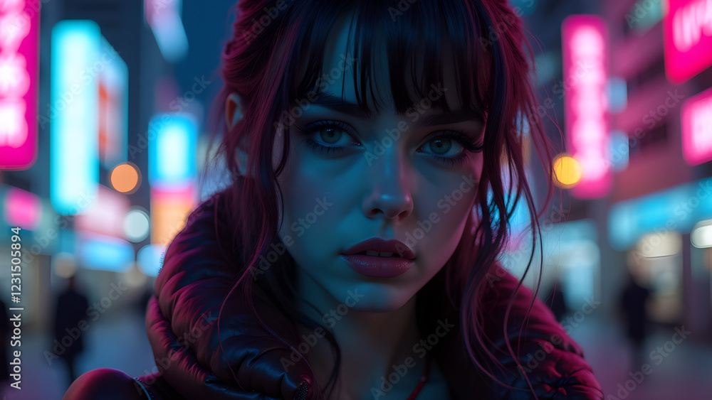 Woman with city lights in the background at night Woman with city lights in the background at night