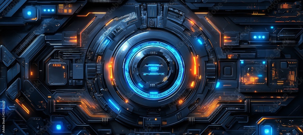 Futuristic Technology Dark and Geometric Circuitry, Glowing Nodes, High-Tech Abstract Background