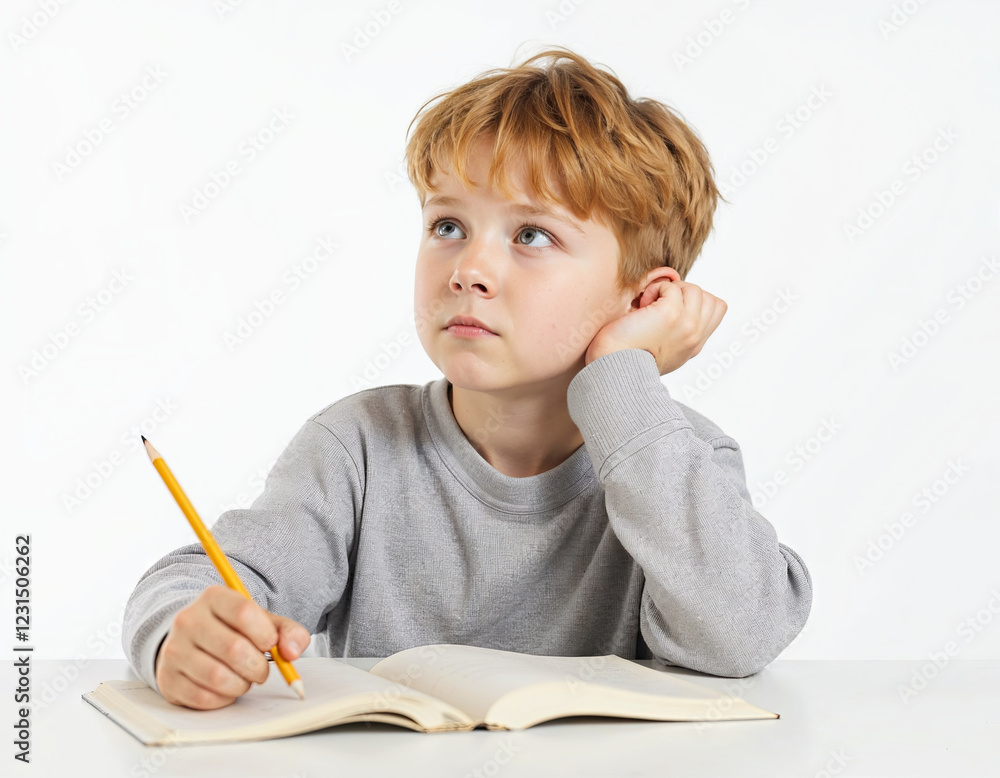 Thoughtful boy of about 10 years old at a table with books and notebooks doing homework for school Thoughtful boy of about 10 years old at a table with books and notebooks doing homework for school