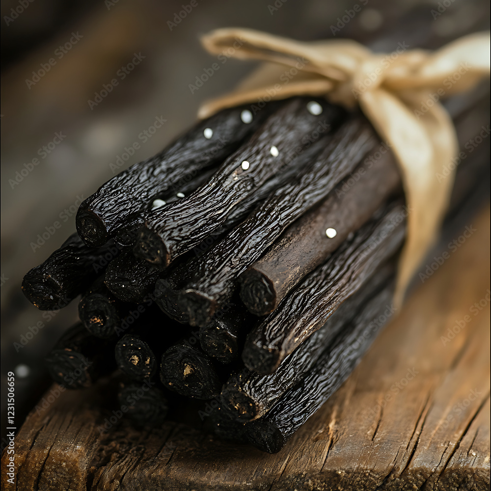 Vanilla pods tied with natural twine, resting on wooden surface, showcasing their rich texture and dark color. Perfect for culinary uses and aromatic applications Vanilla pods tied with natural twine, resting on wooden surface, showcasing their rich texture and dark color. Perfect for culinary uses and aromatic applications