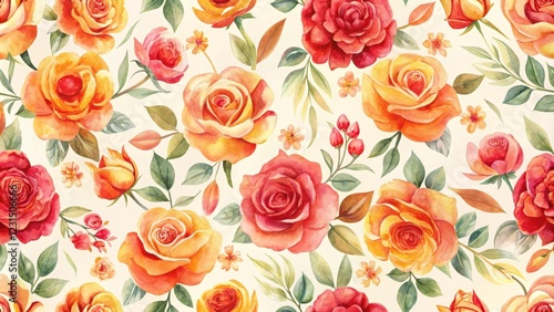 Warm-toned Watercolor Roses and Foliage Seamless Pattern for Textile Design