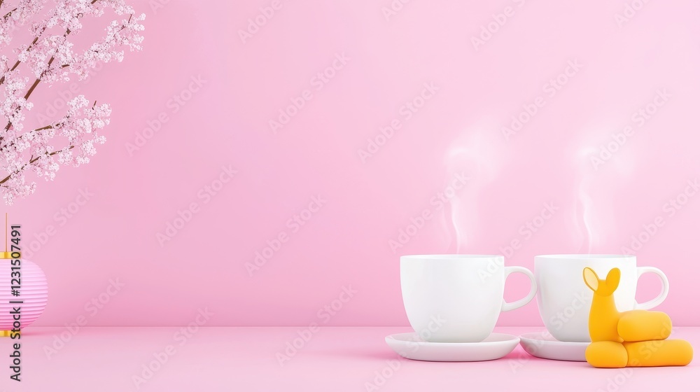 Warm Cups of Tea on a Soft Pink Background Warm Cups of Tea on a Soft Pink Background