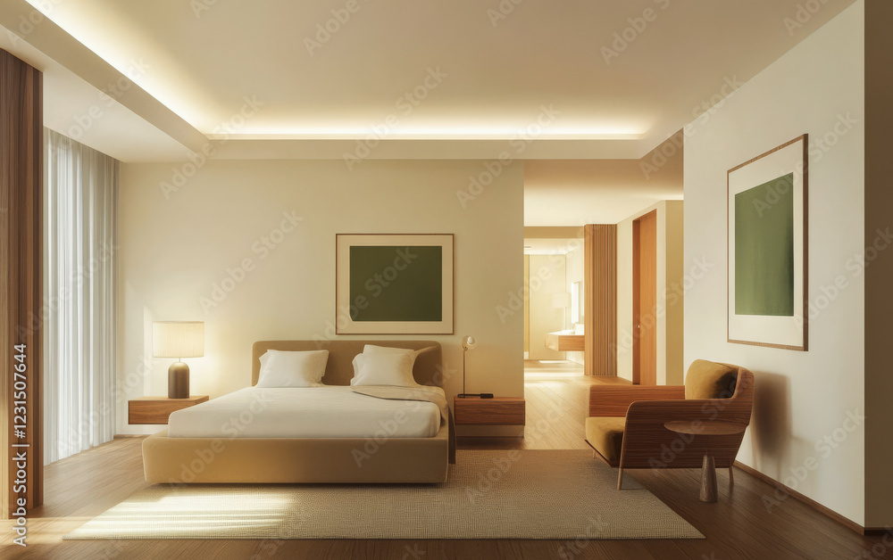 Fototapeta premium Modern bedroom design with natural light and neutral tones in a spacious setting