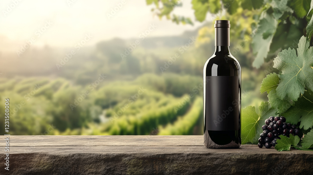 Fototapeta premium A bottle of red wine sits on a wooden table, overlooking a vineyard bathed in sunlight.