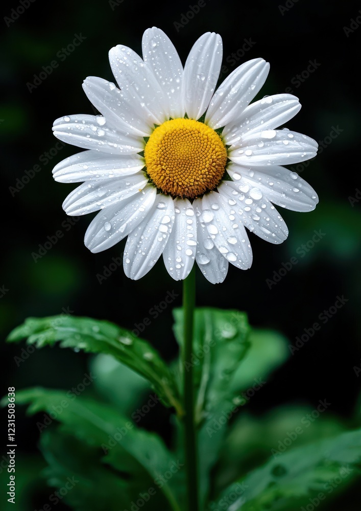 Obraz premium A close-up of a daisy with white petals and a yellow center, adorned with raindrops, set against a lush green background.