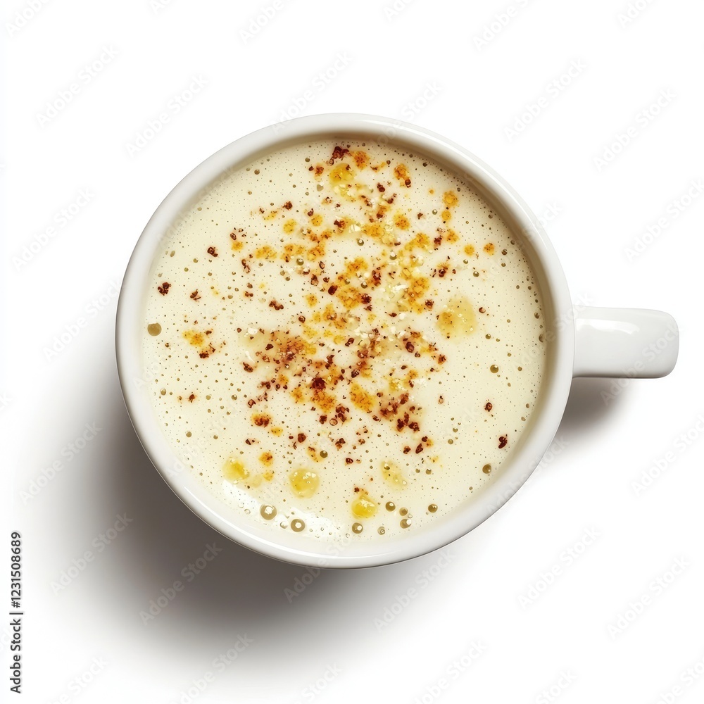 Creamy hot beverage, spiced topping, white mug, studio shot, food blog Creamy hot beverage, spiced topping, white mug, studio shot, food blog