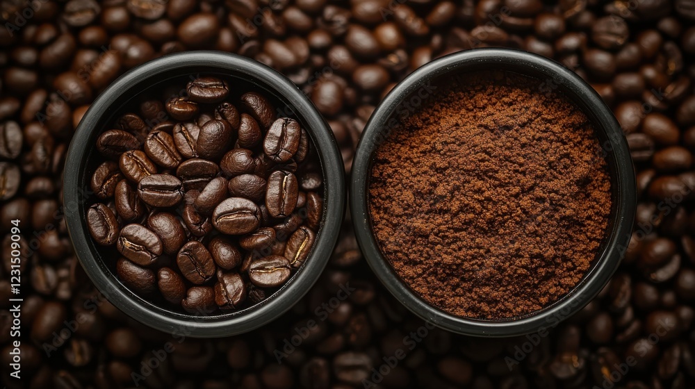 Fototapeta premium Two bowls contain coffee beans and ground coffee, surrounded by a bed of dark coffee beans.