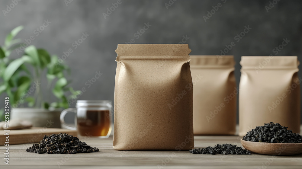 Loose leaf tea in kraft paper pouches. A calming, earthy still life. Loose leaf tea in kraft paper pouches. A calming, earthy still life.