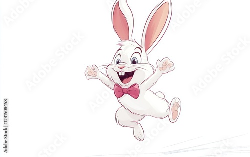 Happy Easter bunny jumping, white background, spring celebration, greeting card photo