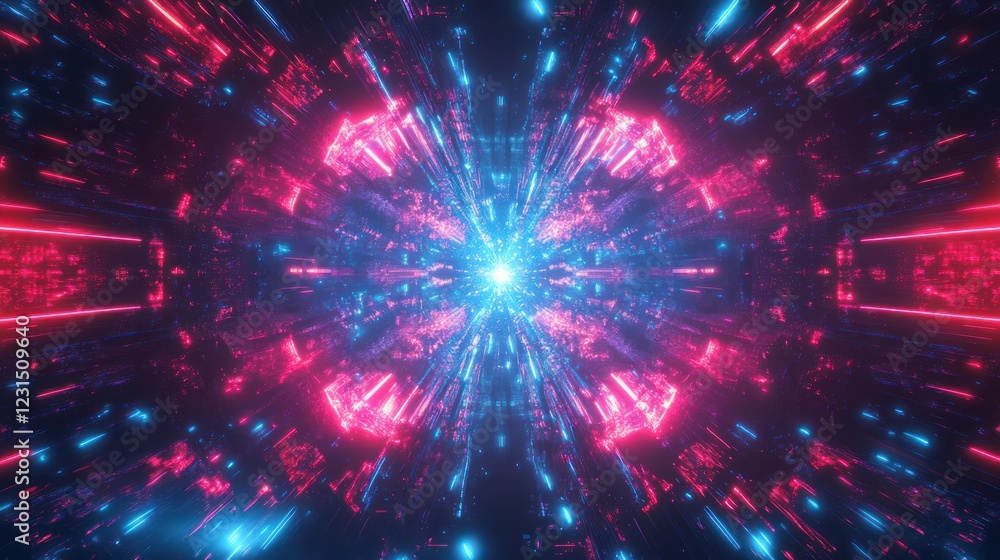 Fototapeta premium Neon tunnel, vibrant lights, digital, space, background, abstract, futuristic, energy, motion, design
